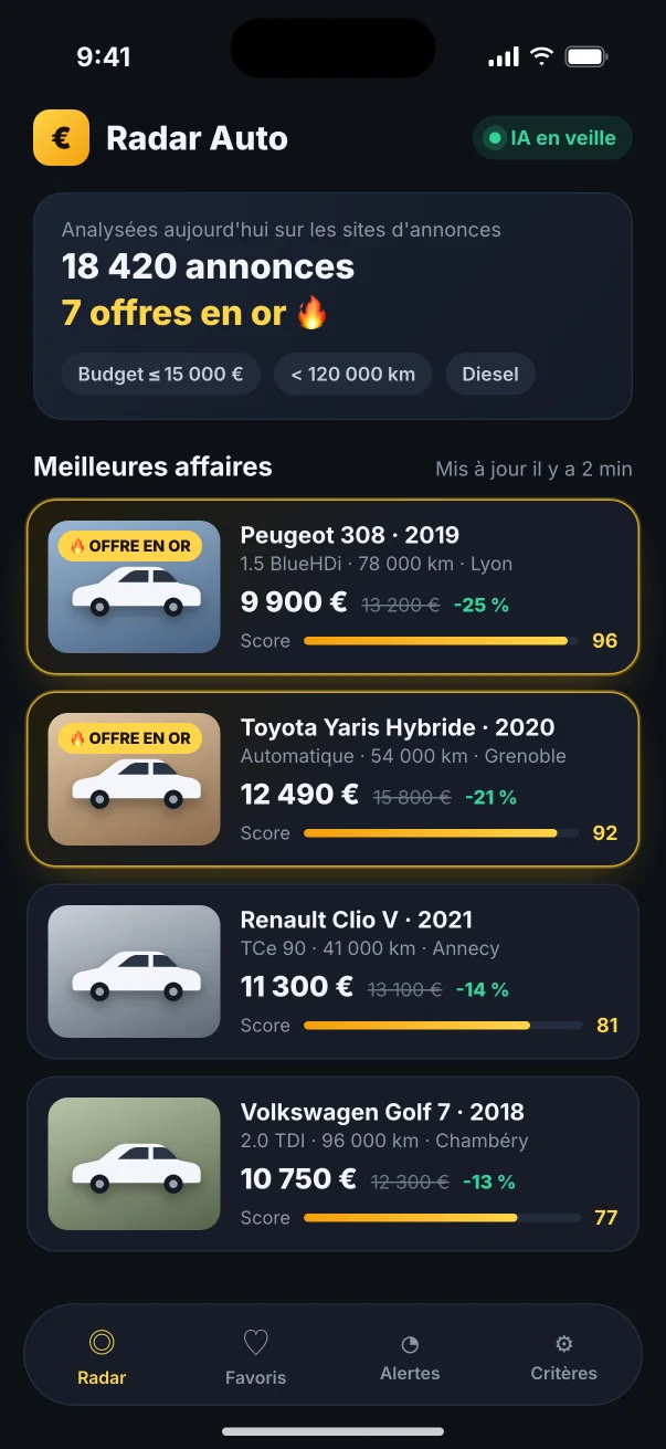 Application Radar Auto de détection de bonnes affaires automobiles